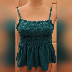 Y2K SO Teal Loop Terry Cloth Smocked Babydoll Tank Top. E